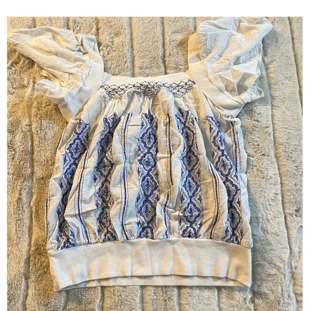 Free People Embroidered Peasant Top Blouse White Blue Size 6 Boho - Picture 4 of 6